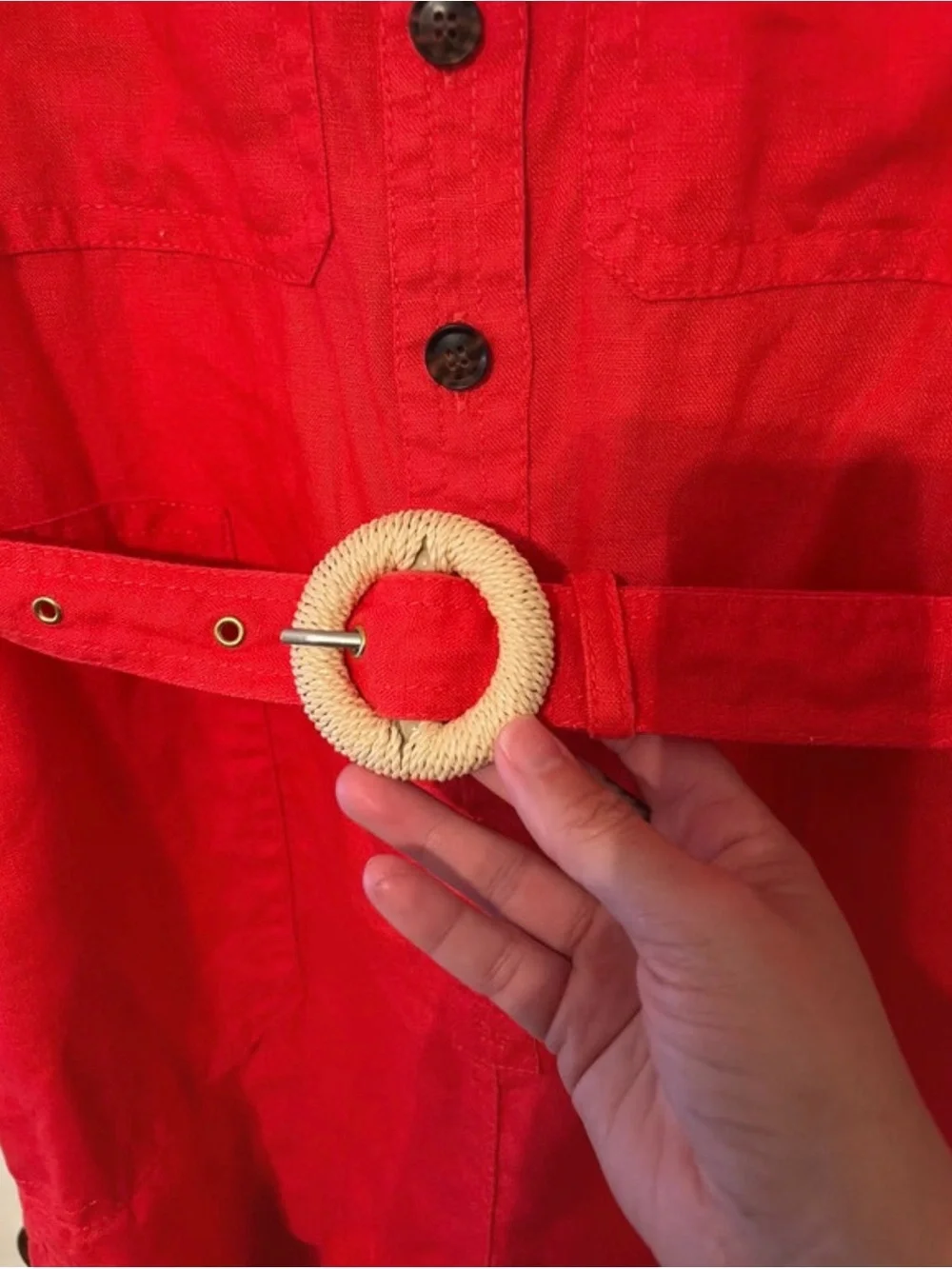 Banana Republic Red Short-Sleeve Button Romper with Self-Tie Belt